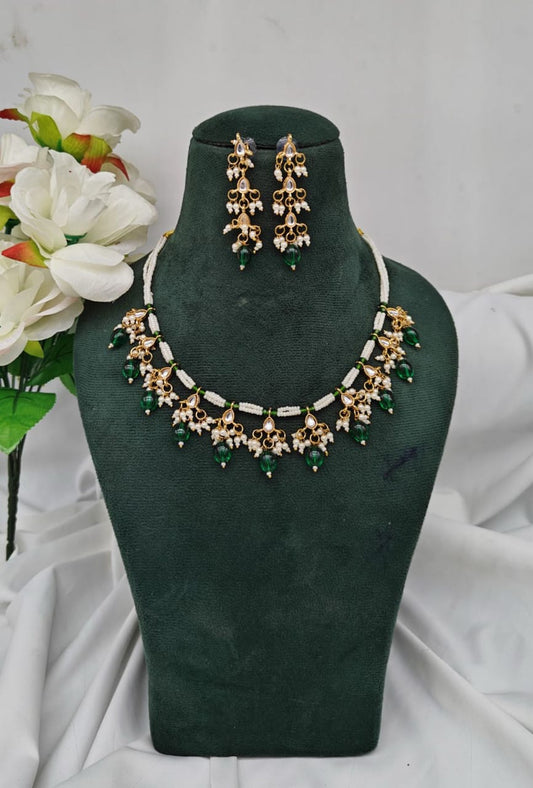 Elegant Kundan Pearl & Green Beaded Necklace Set