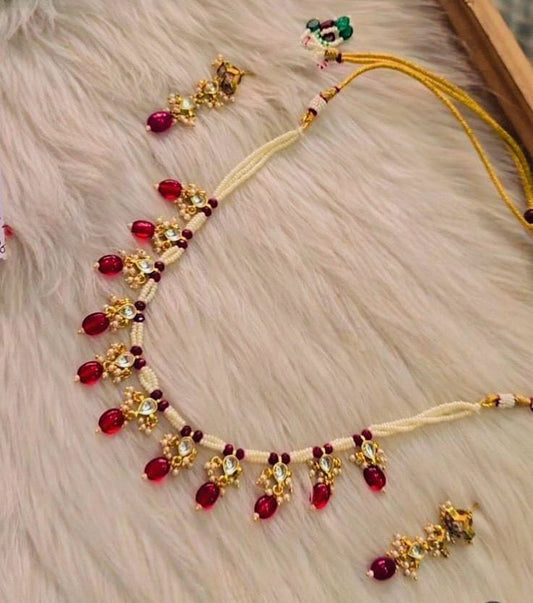 Kundan & Bead Necklace Set – Red & Gold