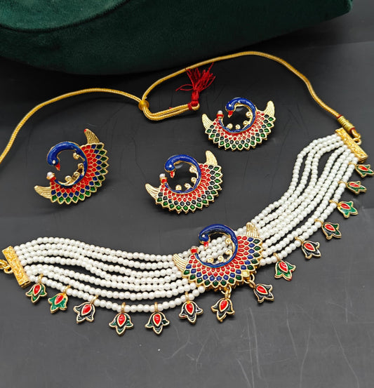 Traditional Peacock Design Pearl Choker Necklace Set with Earrings
