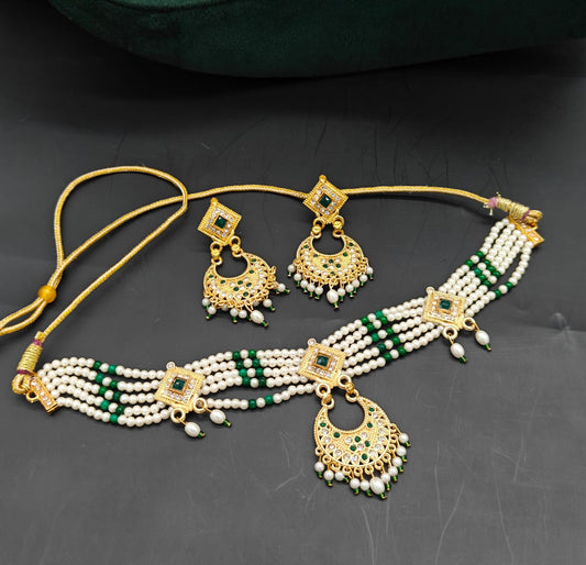 Kundan Pearl Choker Necklace Set with Earrings – Green & Gold Finish
