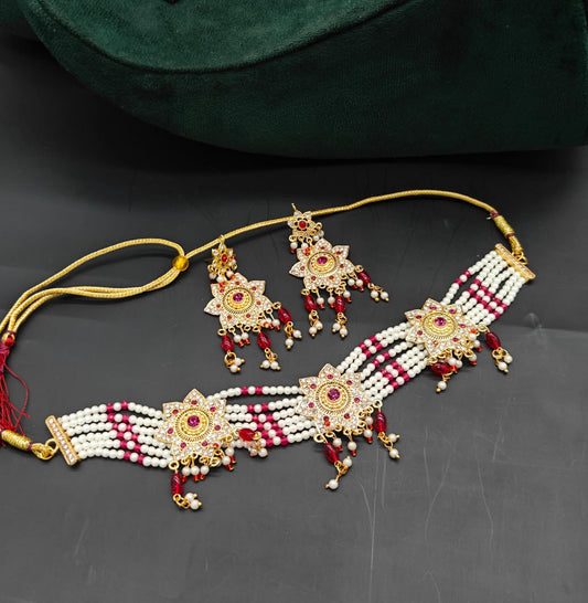 Pearl & Kundan Choker Necklace Set with Earrings – Bridal Jewelry Set
