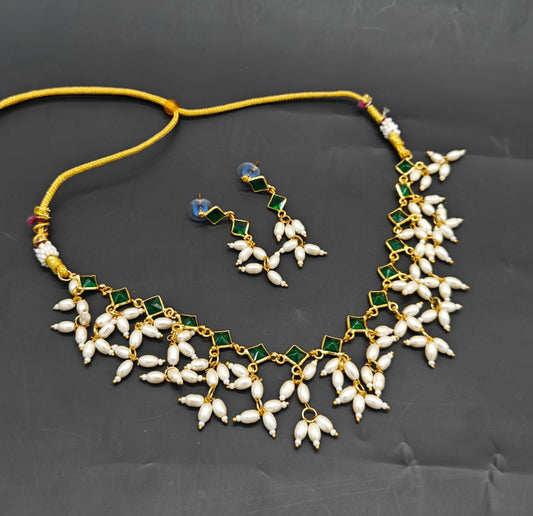 American Diamond Pearl & Ruby Gold-Plated Necklace Set