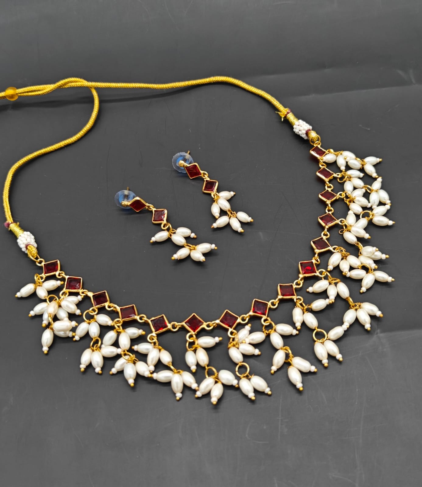 American Diamond Pearl & Ruby Gold-Plated Necklace Set