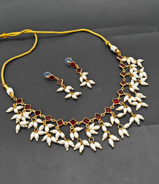 American Diamond Pearl & Ruby Gold-Plated Necklace Set