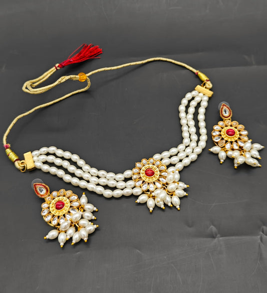 Pearl & Gold-Tone Traditional Necklace Set with Matching Earrings