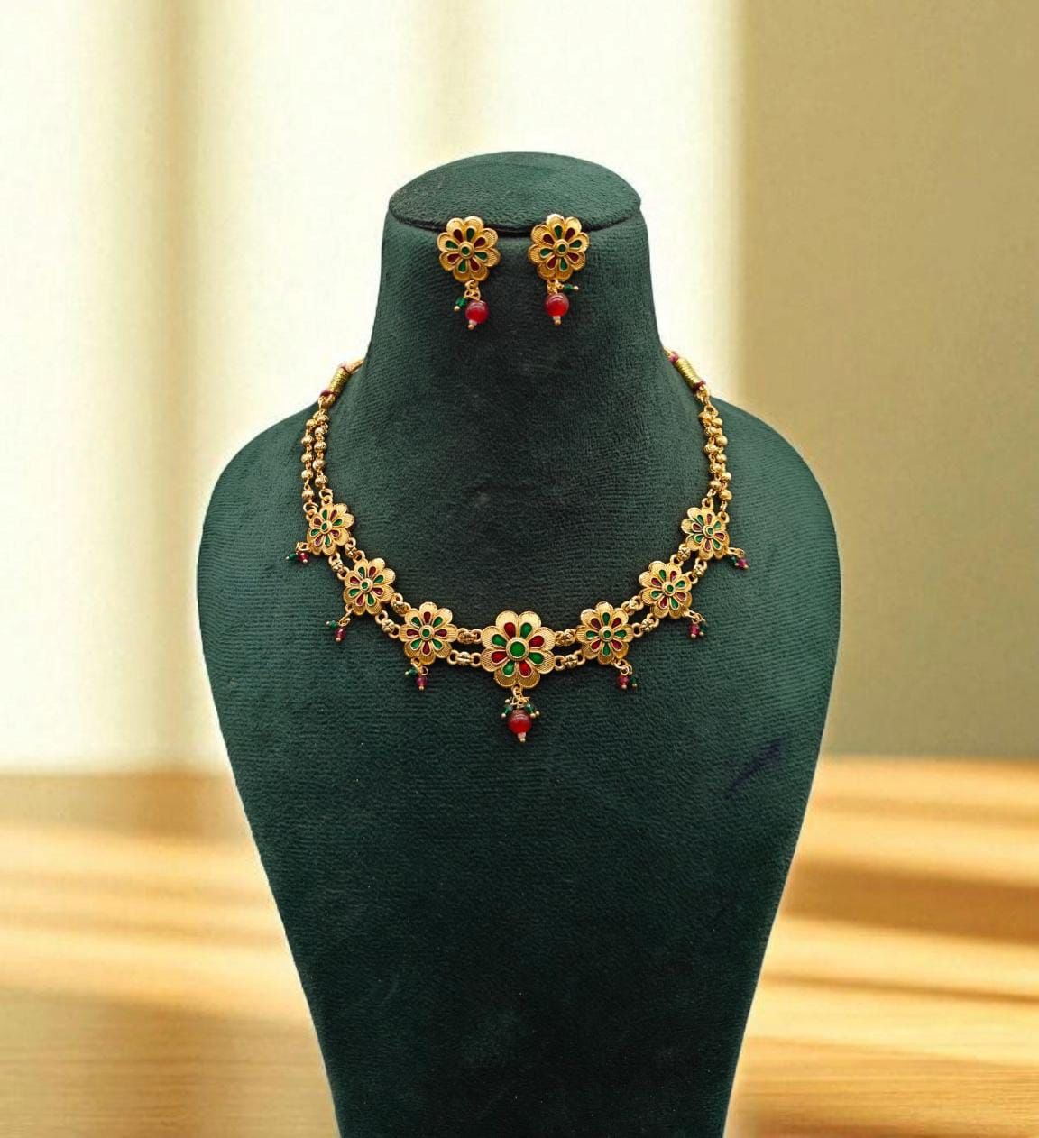Traditional Floral Gold-Plated Necklace Set with Earrings