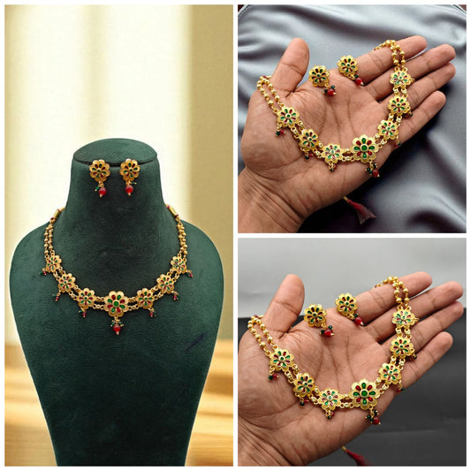 Traditional Floral Gold-Plated Necklace Set with Earrings