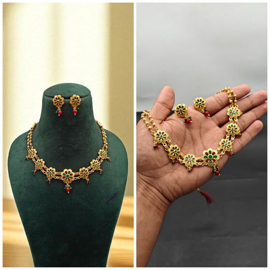Traditional Floral Gold-Plated Necklace Set with Earrings