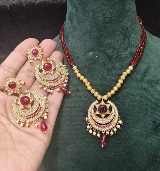 American diamond Gold-Plated Red Stone Necklace & Earring Set