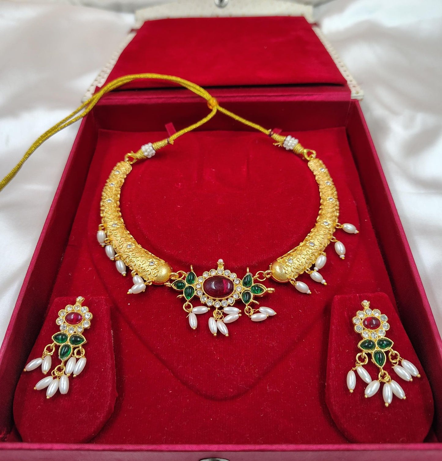 Elegant Traditional Gold-Plated Necklace Set with Earrings – Ruby, Emerald & Pearl Design