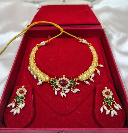 Elegant Traditional Gold-Plated Necklace Set with Earrings – Ruby, Emerald & Pearl Design