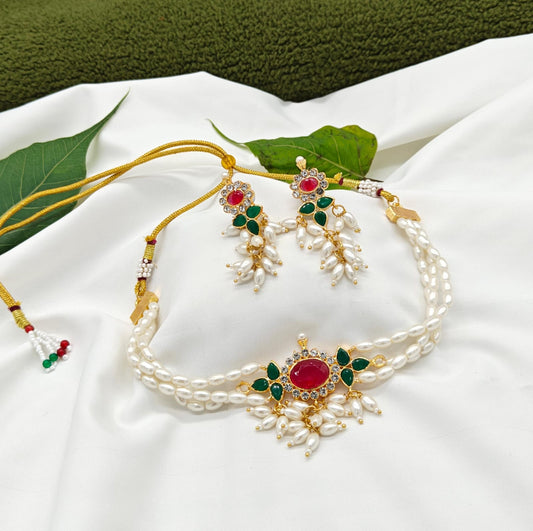 Traditional Pearl Choker Necklace Set with Earrings – Red & Green Stone Design