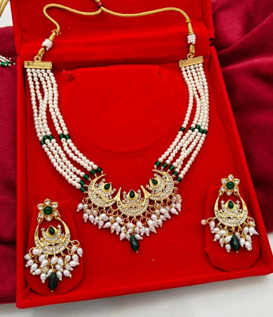 Elegant Kundan Pearl & Bead Necklace Set with Earrings