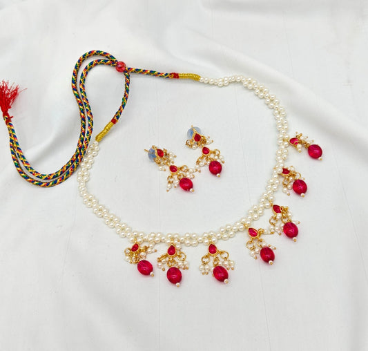 Pearl & Ruby Bead Necklace Set with Earrings – Traditional Indian Jewelry