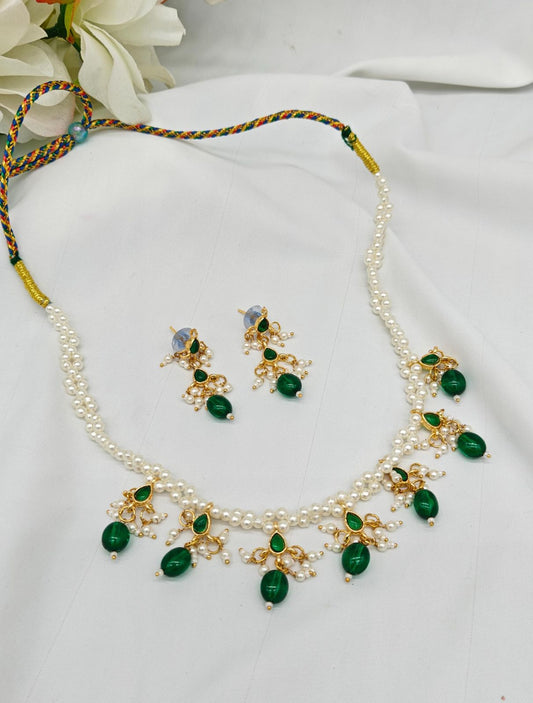 Pearl & Ruby Bead Necklace Set with Earrings – Traditional Indian Jewelry