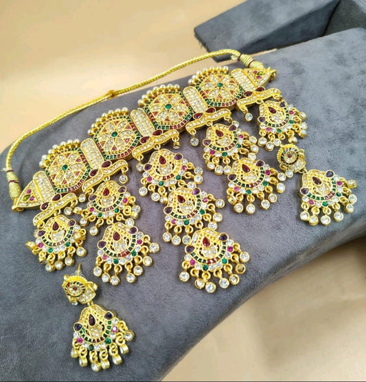 Gold-Plated Kundan Choker Necklace Set with Earrings