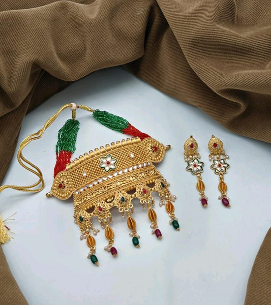 Rajasthani Kundan Choker Necklace Set – Handcrafted Gold-Plated Jewelry with Earrings