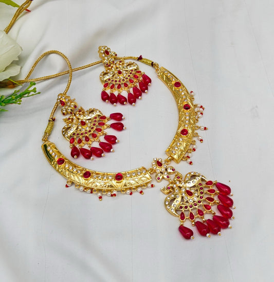 Gold-Plated Necklace & Earring Set with Red Beads