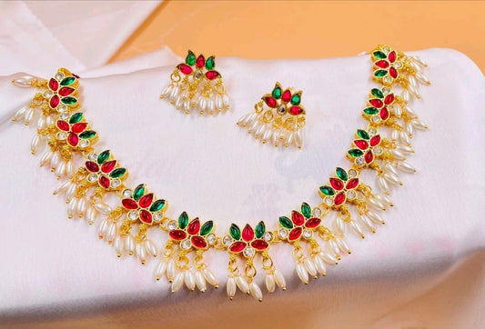 Gold-Plated Necklace Set with Red & Green Stones and Pearl Drops