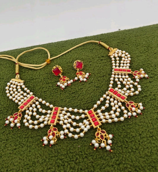 Kundan Pearl Choker Necklace Set with Earrings
