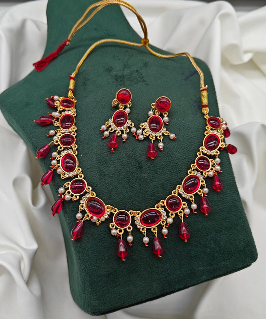Traditional Red Kundan & Pearl Necklace Set with One Pair of Matching Earrings – Designer Ethnic Jewelry for Women
