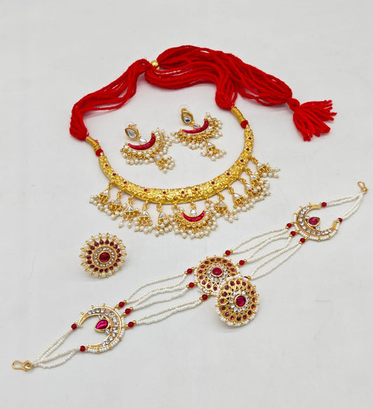 Traditional Indian Bridal Jewelry Set – Gold Plated with Red & White Beads, Kundan & Pearl